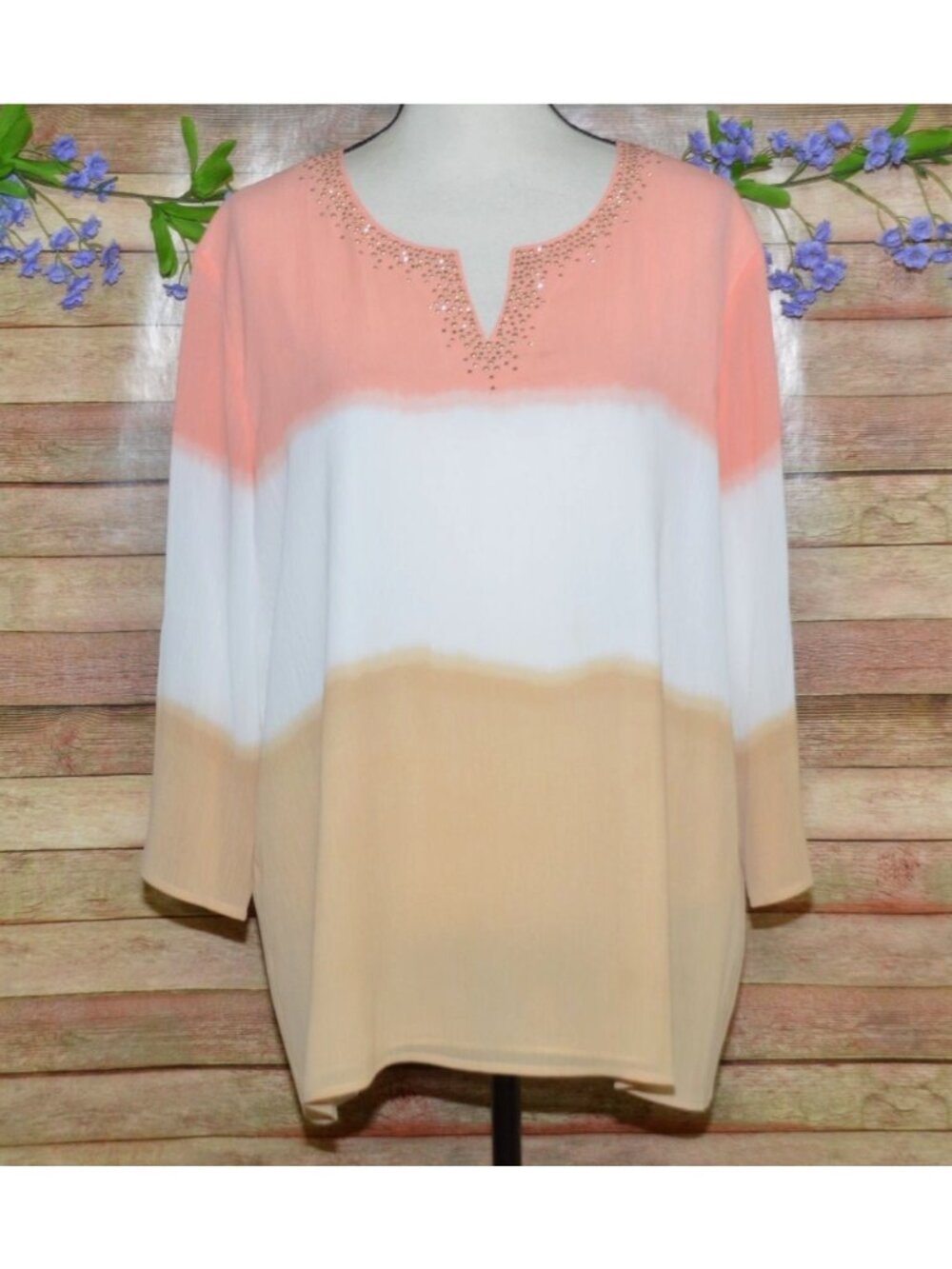 ALFRED DUNNER Peach & Tan Ombre Tunic Blouse Top Studded V-Neck Size L Office